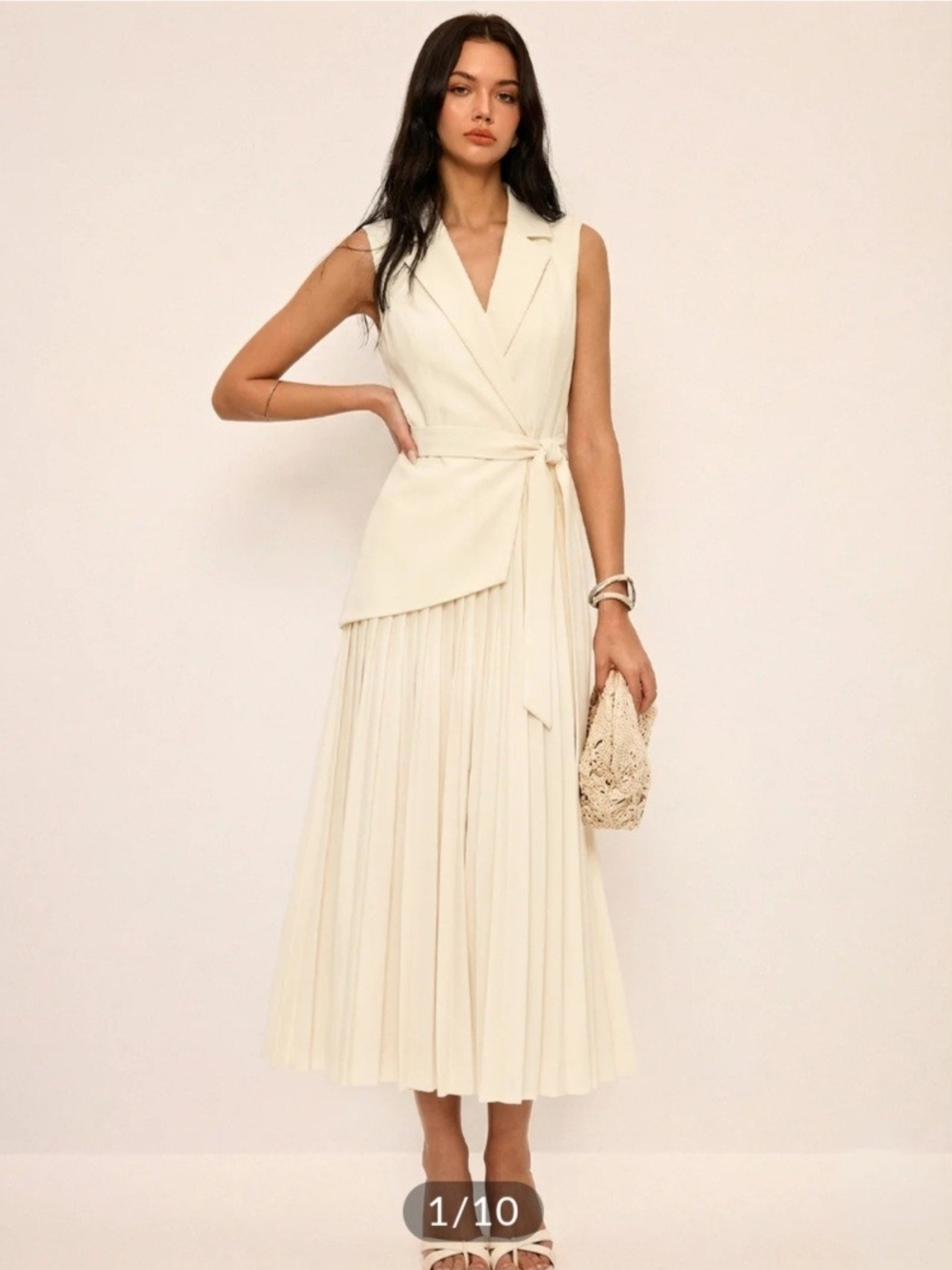 NWT Commense Cream Sleeveless Wrap Pleated Maxi Dress, Large
